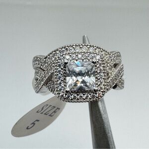 Sterling Silver CZ Double Band Ring Size 5 Halo Princess Cut New